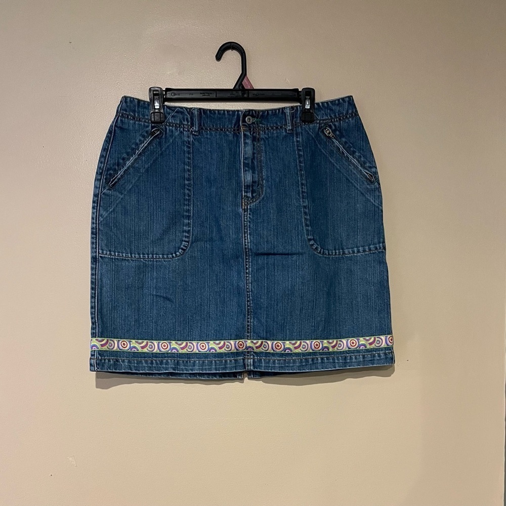 Eddie Bauer Denim Mini Skirt Womens Size 14 Blue Jean Zipper Pockets Cotton Y2K